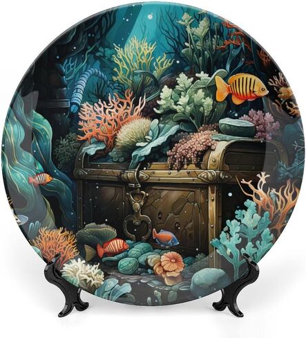 Summer Decorative Plates for Wall Hanging, Sea Theme Starfish Painting Ceramic Plate, Wobble-Plate with Display Stand, Home Decor for Kitchen Cabinets, Farmhouse Round Tray 10 Inch in Saudi Arabia