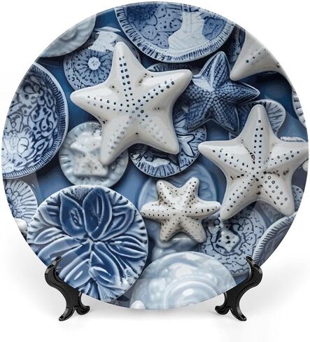 Summer Decorative Plates for Wall Hanging, Sea Theme Starfish Painting Ceramic Plate, Wobble-Plate with Display Stand, Home Decor for Kitchen Cabinets, Farmhouse Round Tray 10 Inch in Kuwait