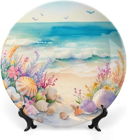 Summer Decorative Plates for Wall Hanging, Sea Theme Starfish Painting Ceramic Plate, Wobble-Plate with Display Stand, Home Decor for Kitchen Cabinets, Farmhouse Round Tray 10 Inch in Kuwait