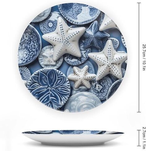 Summer Decorative Plates for Wall Hanging, Sea Theme Starfish Painting Ceramic Plate, Wobble-Plate with Display Stand, Home Decor for Kitchen Cabinets, Farmhouse Round Tray 10 Inch in Kuwait