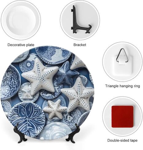 Summer Decorative Plates for Wall Hanging, Sea Theme Starfish Painting Ceramic Plate, Wobble-Plate with Display Stand, Home Decor for Kitchen Cabinets, Farmhouse Round Tray 10 Inch in Kuwait