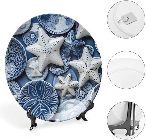 Summer Decorative Plates for Wall Hanging, Sea Theme Starfish Painting Ceramic Plate, Wobble-Plate with Display Stand, Home Decor for Kitchen Cabinets, Farmhouse Round Tray 10 Inch in Kuwait