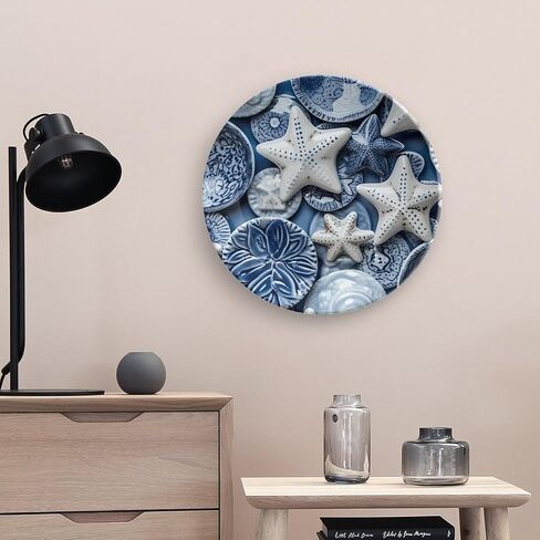 Summer Decorative Plates for Wall Hanging, Sea Theme Starfish Painting Ceramic Plate, Wobble-Plate with Display Stand, Home Decor for Kitchen Cabinets, Farmhouse Round Tray 10 Inch in Kuwait