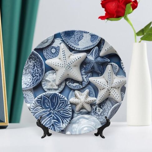 Summer Decorative Plates for Wall Hanging, Sea Theme Starfish Painting Ceramic Plate, Wobble-Plate with Display Stand, Home Decor for Kitchen Cabinets, Farmhouse Round Tray 10 Inch in Kuwait