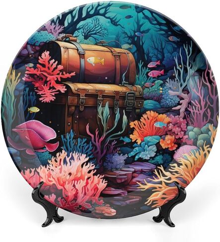 Summer Decorative Plates for Wall Hanging, Sea Theme Starfish Painting Ceramic Plate, Wobble-Plate with Display Stand, Home Decor for Kitchen Cabinets, Farmhouse Round Tray 10 Inch in Kuwait