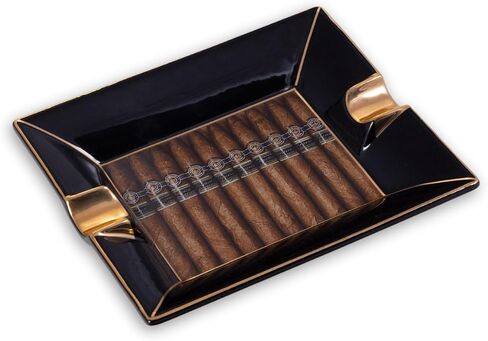 Bey-Berk Aficianago Cigar Design Porcelain Ashtray, 7.5" x 6.25" Black with Gold Accents, Luxury Lounge Centerpiece in Saudi Arabia