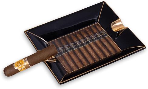 Bey-Berk Aficianago Cigar Design Porcelain Ashtray, 7.5" x 6.25" Black with Gold Accents, Luxury Lounge Centerpiece in Saudi Arabia