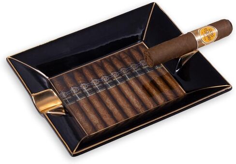Bey-Berk Aficianago Cigar Design Porcelain Ashtray, 7.5" x 6.25" Black with Gold Accents, Luxury Lounge Centerpiece in Saudi Arabia
