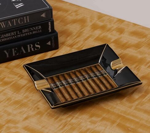 Bey-Berk Aficianago Cigar Design Porcelain Ashtray, 7.5" x 6.25" Black with Gold Accents, Luxury Lounge Centerpiece in Saudi Arabia