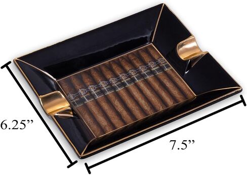 Bey-Berk Aficianago Cigar Design Porcelain Ashtray, 7.5" x 6.25" Black with Gold Accents, Luxury Lounge Centerpiece in Saudi Arabia