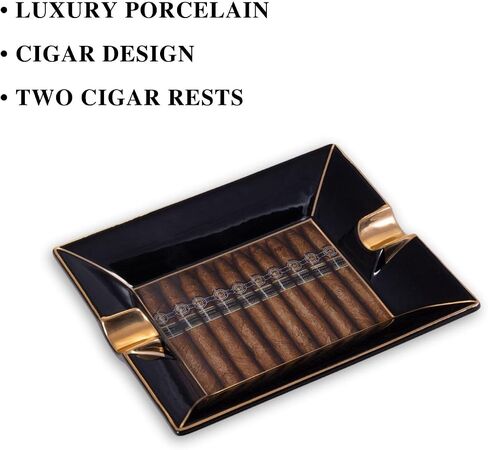 Bey-Berk Aficianago Cigar Design Porcelain Ashtray, 7.5" x 6.25" Black with Gold Accents, Luxury Lounge Centerpiece in Saudi Arabia