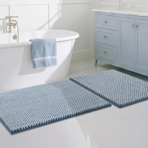 BSICPRO Bathroom Rugs Set 2 Piece-Chenille Bath Mats Non Slip-Thick Soft Absorbent Beach Bath Rug-Shower Floor Mat Machine Washable-Bathroom Decor Accessories (Light Blue, 20" x 32" Plus 16" x 24") in Saudi Arabia