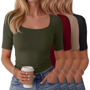 Huukeay 4 Pack Half Sleeve Shirts for Women, Elbow Length Square Neck Tops Lightweight Stretchy Casual Summer Trendy Tees in Kuwait