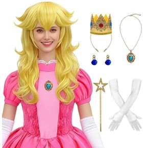Mildiso 7pcs Golden Blonde Peach Princess Costume Wig for Women Adults Halloween Cosplay with Crown Wand Ear Clips Necklace Gloves Wig Cap - Long Wavy & Thick Soft & Tangle Resistant M137 in Saudi Arabia