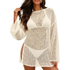 Swim Cover Up for Women Sexy Crochet Sequin Bathing Suit Cover Up Beach Coverup Summer Vacation Kaftan Caftan Dress in Saudi Arabia