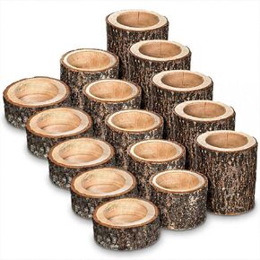 Set of 15 Rustic Wooden Tea Light Candle Holders | Natural Wood Votive Holders in 3 Sizes for Wedding, Party, and Home Table Decor in Saudi Arabia