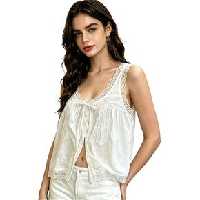 Women’s Boho Lace Trim Tie Front Tank Top, 100% Cotton Button Down Flowy Crop Top, Summer Vacation Beach Top in Saudi Arabia