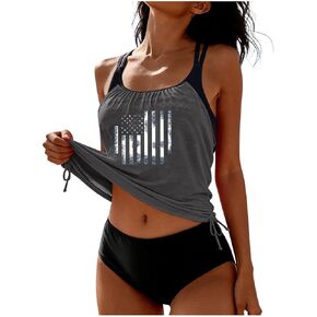 Tankini Swimsuits for Women American Flag Bathing Suit Drawstring Side Tank Top with Swim Shorts Modest Swimwear in Kuwait