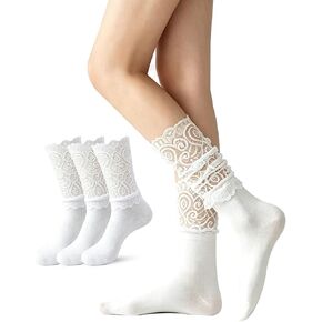 Vihir 3 Pairs Women's Casual Lace Crew Socks for Mary Janes And Loafers With Floral Eyelet Ruffle in Saudi Arabia