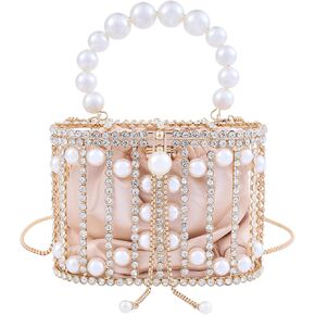 Women Pearl Clutch Rhinestone Cage Bag, Elegant Sparkling Hollow Pearl Evening Clutch, Beautiful Glitter Double-layer Detachable Basket Handbag, Chic, Structured Design w/Pearl Handle in Saudi Arabia
