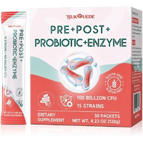 Probiotics for Gut Health, Prebiotics and Probiotics 100 Billion CFU + 15 Strains + 17 Enzymes + Postbiotic, Probiotics for Digestive Health & Bloating Relief, Gut Health for Women & Men, 30 Packets in Saudi Arabia