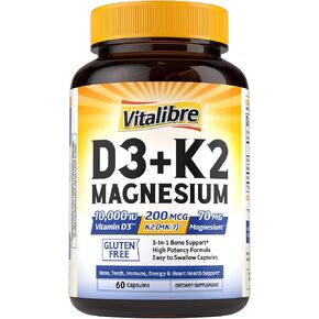 Vitalibre D3 K2 + Magnesium Supplement, 10000 IU Vitamin D3 & 200 mcg K2, with Magnesium Glycinate, Bone, Teeth, Immune & Energy Support, High Absorption, Non-GMO, Easy to Swallow, 60 Capsules in Kuwait