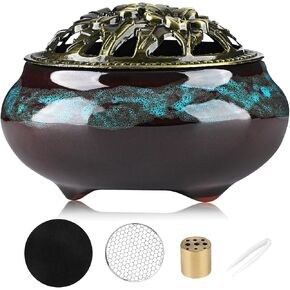 Ceramic Incense Burner Holder Set – 9 Hole Incense Stick Holder with Coil Incense Holder & Burner Tray – Multi-Function Censer for Cones, Coil Incense, and Stick Incense (Fambe Blue) in Saudi Arabia
