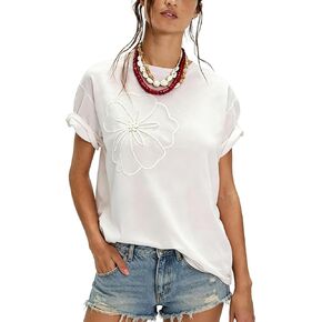 Women's Floral Embroidered Tops Cotton Crew Neck Short Sleeve Shirts Loose Fit Blouses Casual Summer Y2K Tee in Saudi Arabia
