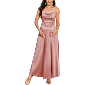 AISWI Maternity Satin Dress Pearl Spaghetti Strap Cowl Neck A-Line Pregnancy Gown for Baby Shower Photoshoot Evening in Saudi Arabia