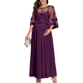 AISWI 2PCS Maternity Dress with 3D Floral Mesh Cape Flowy A-Line Maxi Evening Gown for Baby Shower Photoshoot Formal in Saudi Arabia