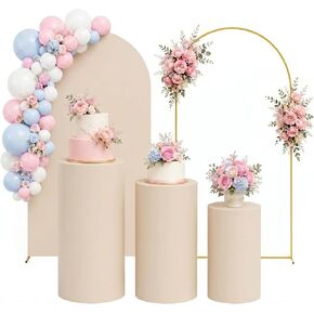 ArtSocket White Cylinder Pedestal Stand Covers Set of 3, 7.2FT Arch Backdrop Stand and White Arch Cover Set, Elastic Spandex Cloth Plinth Pillar Cover for Wedding Birthday Parties Event Decor Props in Saudi Arabia