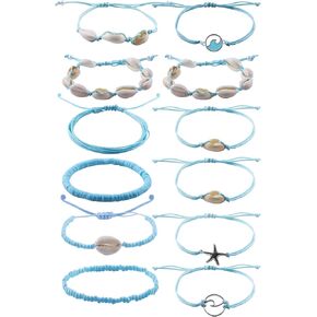 12Pcs Beach Surfer Wave Bracelets for women, Adjustable Handmade Waterproof Braided String Beaded Anklets Starfish Shell Ankle Bracelet for Women Boho Summer Blue Bracelet Set in Saudi Arabia
