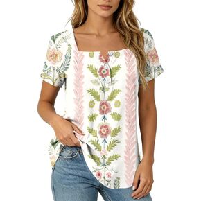 Summer Boho Tops for Women Short Sleeve Square Neck Tunic Shirts Floral Button Neck Blouses Loose Fit Resort Wear in Saudi Arabia