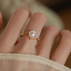 925 Sterling Silver Freshwater Cultured Pearl Ring Gold Pearl Promise Ring for Women tatement Expandable Adjustable Rings Pearl Ball Open Rings （Gold） in Saudi Arabia