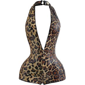 WDIRARA Women's Sequin Leopard Backless Halter Jumpsuits Party Sleeveless Deep V Neck Rompers in Saudi Arabia