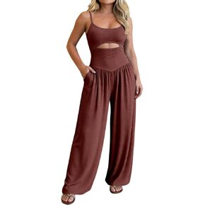 Sleeveless Jumpsuits for Women 2026 Summer Sexy Cut-Out Wide Leg Romper U-Neck High Waist Jumpsuit with Pockets in Kuwait