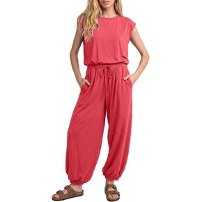 Jumpsuits for Women 2026 Casual Cap Sleeve One Piece Outfits Loose Crewneck Drawstring Romper with Pockets in Saudi Arabia