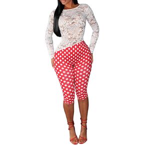 Women Capri Jumpsuit Long Sleeve Backless Lace Top Polka Dot Pants Sexy Romper Club Going Out Outfits in Saudi Arabia