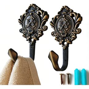 2Pcs Wall Hooks Red Copper Rose Pattern Carved Vintage Drapery Clothes Key Hook Bathroom Bedroom Multi-Function Decorative Hook with Screws+Expansion Plugs in Saudi Arabia