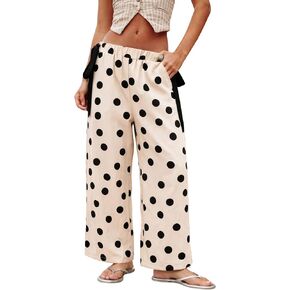 Gozoloma Women's Polka Dot Wide Leg Pants Elastic Waist Side Tie Contrast Detail with Pockets Casual Summer Palazzo Trousers in Saudi Arabia
