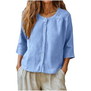 Linen Shirts for Women 3/4 Sleeve Cotton Blouse Button Down Beach Vacation Loose Fit Daily Wear Summer Business Casual Tops in Saudi Arabia