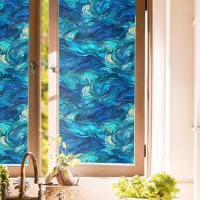 Blue Green Navy Sea Wave Geometirc Mosaic Stained Glass Window Films Decorative Double-Side Privacy Film Self-Adhesive Window Clings for Living Room Bathroom Decor in Saudi Arabia