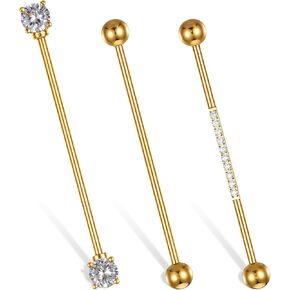 14G Industrial Piercing Jewelry 3pcs, Gold Surgical Steel Long Barbell for Cartilage Helix, Cubic Zirconia Industrial Bar, 2 Inches Piercing for Women Men, Punk Rock Style in Saudi Arabia