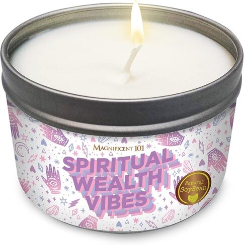 Magnificent 101 Spiritual Wealth Vibes 6-oz. Candle in Tin Holder; 100% Natural Soy Wax with Sage & Clove Essential Oils for Aromatherapy, Energy Cleansing, Meditation & Intention Setting; Great Gift in Saudi Arabia