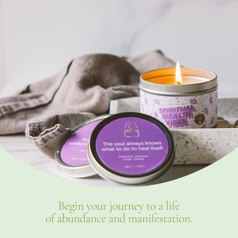 Magnificent 101 Spiritual Wealth Vibes 6-oz. Candle in Tin Holder; 100% Natural Soy Wax with Sage & Clove Essential Oils for Aromatherapy, Energy Cleansing, Meditation & Intention Setting; Great Gift in Saudi Arabia