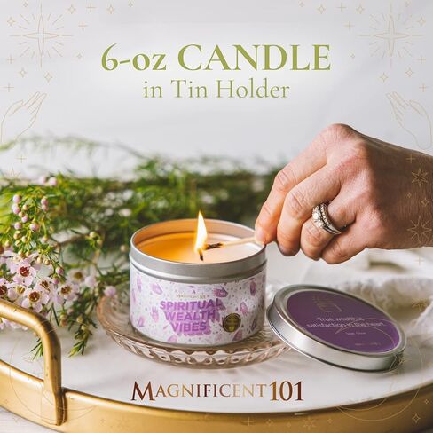 Magnificent 101 Spiritual Wealth Vibes 6-oz. Candle in Tin Holder; 100% Natural Soy Wax with Sage & Clove Essential Oils for Aromatherapy, Energy Cleansing, Meditation & Intention Setting; Great Gift in Saudi Arabia