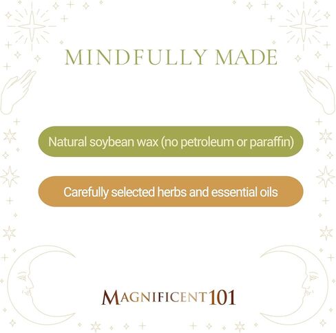 Magnificent 101 Spiritual Wealth Vibes 6-oz. Candle in Tin Holder; 100% Natural Soy Wax with Sage & Clove Essential Oils for Aromatherapy, Energy Cleansing, Meditation & Intention Setting; Great Gift in Saudi Arabia