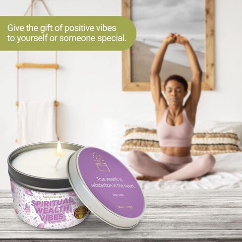 Magnificent 101 Spiritual Wealth Vibes 6-oz. Candle in Tin Holder; 100% Natural Soy Wax with Sage & Clove Essential Oils for Aromatherapy, Energy Cleansing, Meditation & Intention Setting; Great Gift in Saudi Arabia