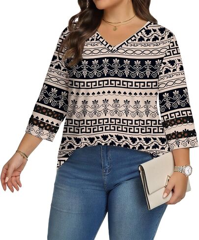Lastshe Women Plus Size Tops 3/4 Length Sleeve Dressy Casual Blouses V Neck T Shirts Summer Clothes for 2026 Trendy in Kuwait