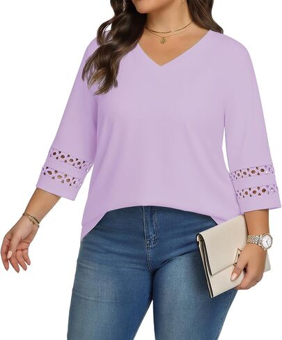 Lastshe Women Plus Size Tops 3/4 Length Sleeve Dressy Casual Blouses V Neck T Shirts Summer Clothes for 2026 Trendy in Kuwait